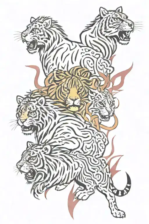 Fire flames,2 shire horses,lightning bolts,a tiger,a lion,a bull with horns and a red squirrel. tattoo design idea