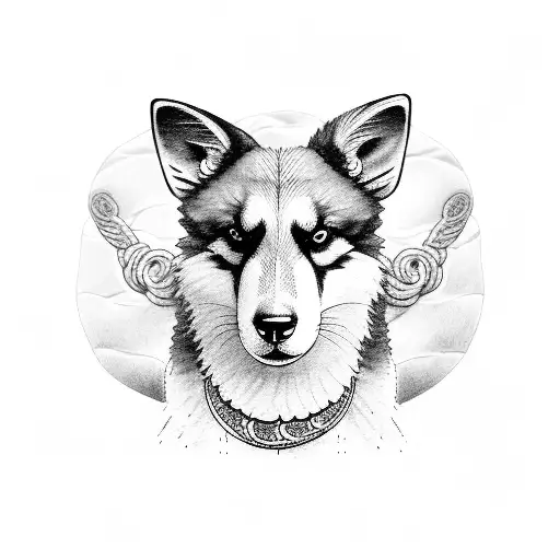 sheperd dog with crow and pigeon flying by his sides and snake around his neck tattoo design idea