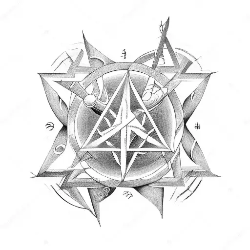 elements of a pentagram, representing the five classical elements, with musical notes emanating from its points, symboli tattoo design idea