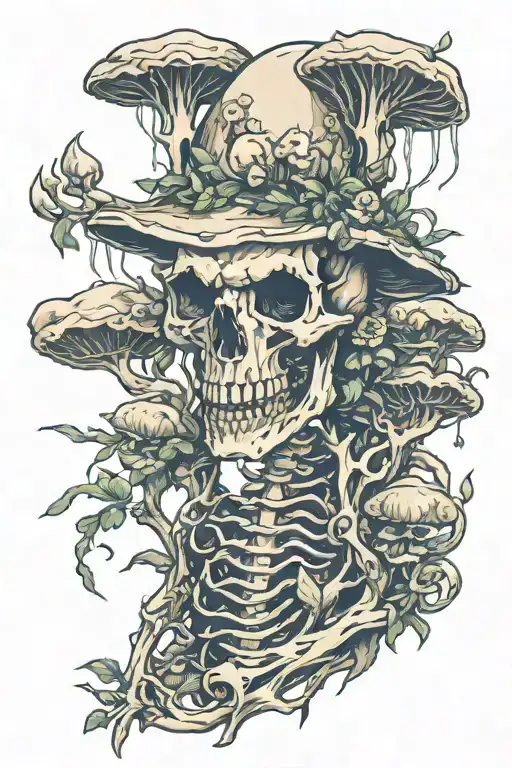 wolf Skeleton mushroom growing tattoo design idea