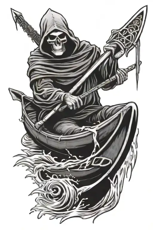 grim reaper with whitewater kayak gear tattoo design idea