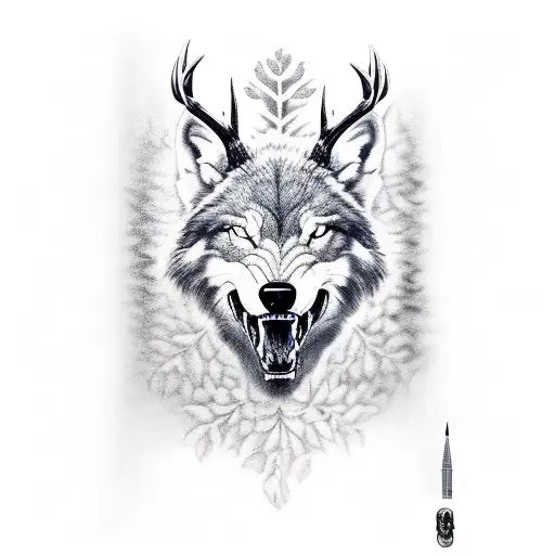 snarling wolf with buck deer tattoo design idea