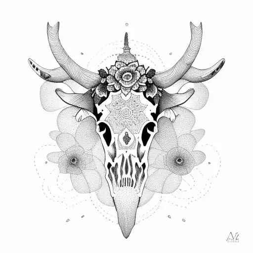 A dotwork design of a cow skull with intricate floral details tattoo design idea