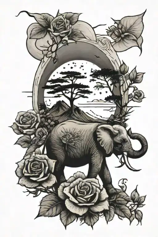 mountain and roses and moon and elephant and pine tree and violet tattoo design idea