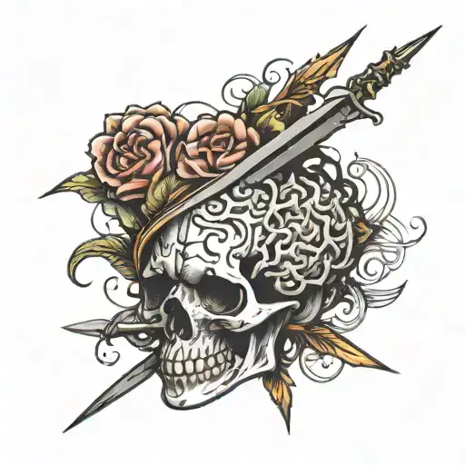 brain pierced with a dagger, from top to bottom, without skull tattoo design idea