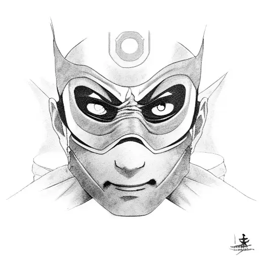 A black and grey portrait of Itachi Uchicha wearing a ninja mask tattoo design idea