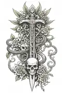 sword surrounded by medical caduceus-type skeletal snakes, with decorative flowers tattoo design idea