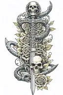 sword surrounded by medical caduceus-type skeletal snakes, with decorative flowers tattoo design idea