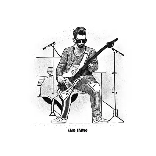 A cao wearing sunglasses and a leather jacket, strumming a guitarra, com as palavras long life rock n roll tattoo design idea