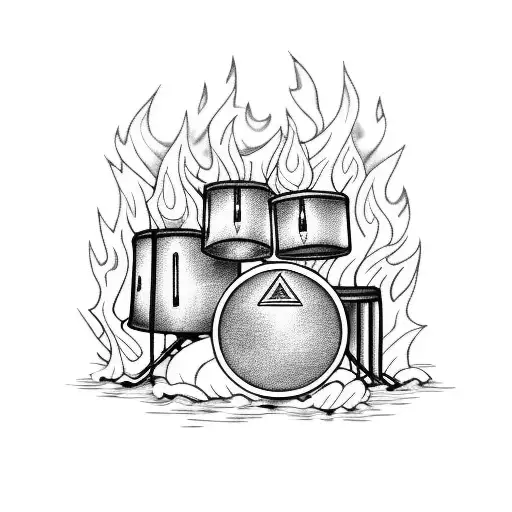 A drum set surrounded by flames tattoo design idea