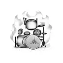 A drum set surrounded by flames tattoo design idea