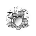 A drum set surrounded by flames tattoo design idea