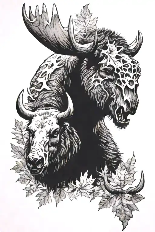 grizzly bear with moose skull and maple leaf  tattoo design idea
