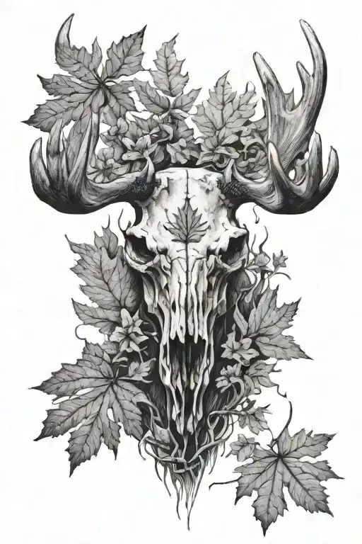 moose skull with maple leafs growing black and white tattoo design idea