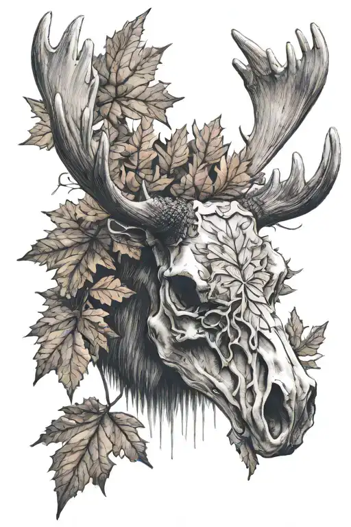 moose skull with maple leaf tattoo design idea