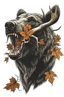 grizzly bear with moose skull and maple leaf  tattoo design idea