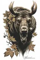 grizzly bear with moose skull and maple leaf  tattoo design idea