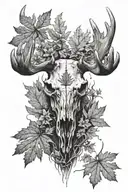 moose skull with maple leafs growing black and white tattoo design idea