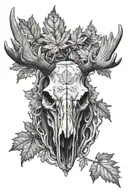 moose skull with maple leafs growing black and white tattoo design idea
