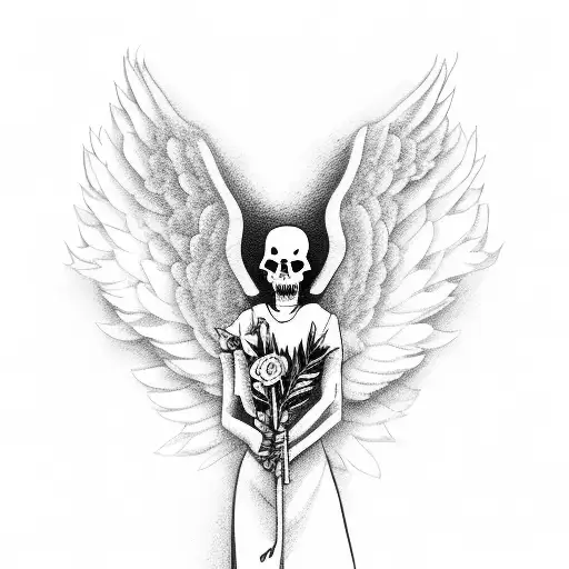 grim reaper with wings hand bundle of flowers to a little girl tattoo design idea