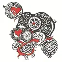 Heart clock, heart printed leopard, the word grace, red and black ink, music , the word peace, elephant, tribal pattern tattoo design idea