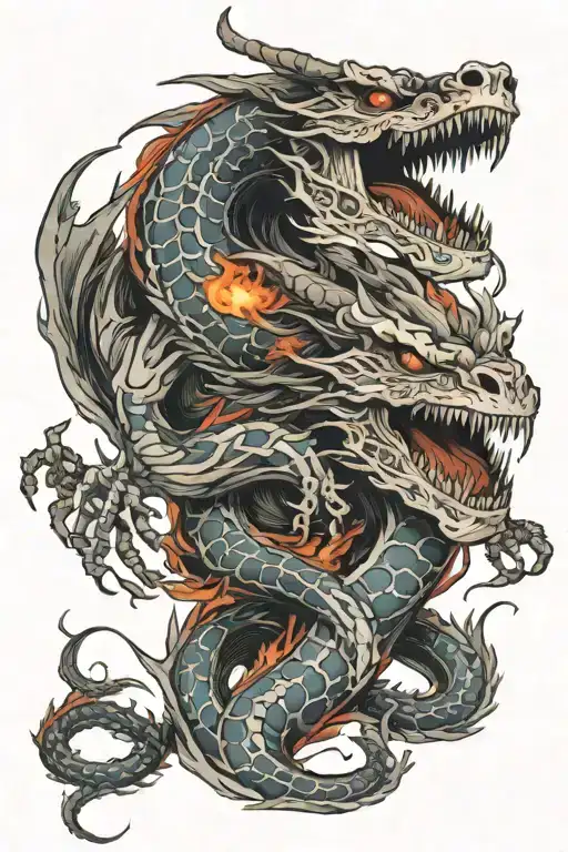 skeleton dragon breathing fire tattoo design idea