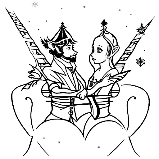 a fine line or micro-realism tattoo design featuring Lucy and Mr. Tumnus from Narnia, Romeo and Juliet on balcony tattoo design idea