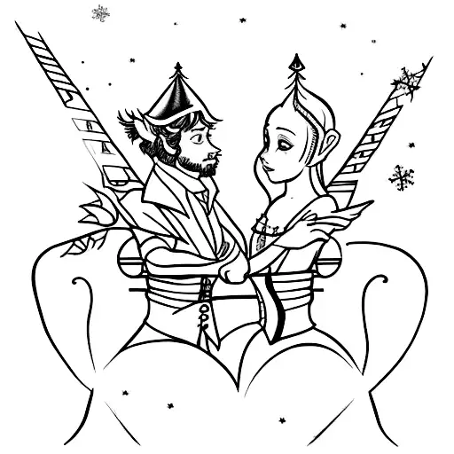 a fine line or micro-realism tattoo design featuring Lucy and Mr. Tumnus from Narnia, Romeo and Juliet on balcony tattoo design idea