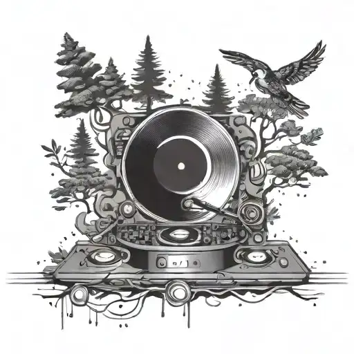 A surrealistic tattoo of a DJ mixing music in a forest setting tattoo design idea