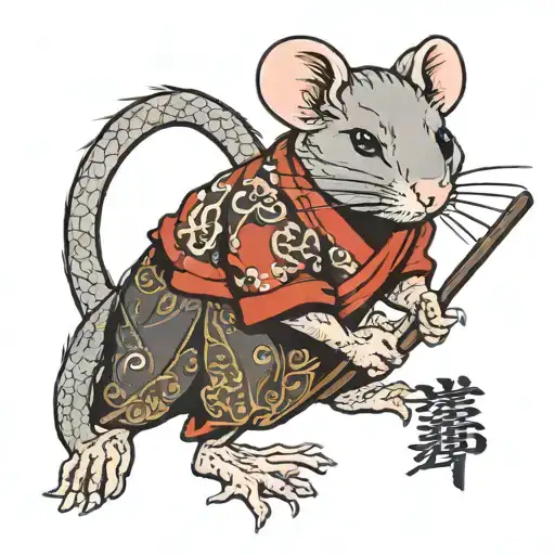 japanese rat holding stick tattoo design idea