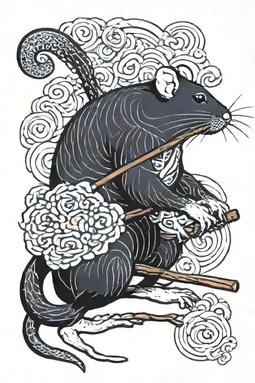 japanese rat holding stick tattoo design idea