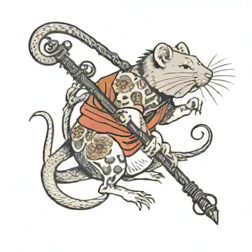 japanese rat holding stick with lamps tattoo design idea