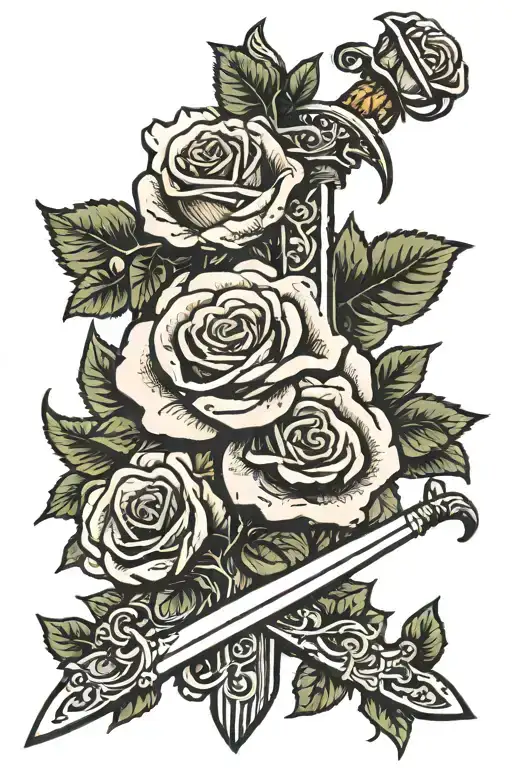 garden of roses with sword sticking out of the ground tattoo design idea