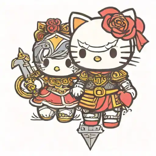Hello Kitty and Roman gladiator holding hands tattoo design idea