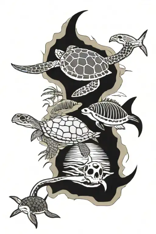 Beach scene-Diamond head, palm, skeleton? Shellback turtle Swallows shark octopus  tattoo design idea