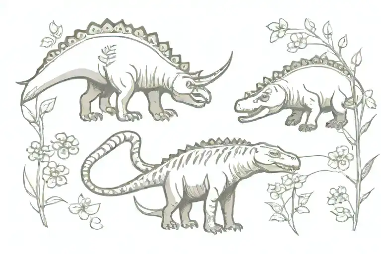 tyrannosaurus and ankylosaurus with honeysuckles and violets tattoo design idea