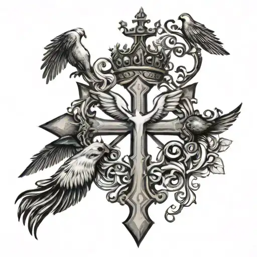 cross with crown hanging and dove flying tattoo design idea
