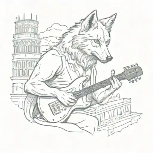 Design a tattoo featuring a wolf playing a musical instrument in front of a backdrop of iconic Italian landmarks, representing the client's favorite things tattoo design idea