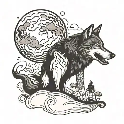 Design a tattoo of a wolf howling at the moon with a hookah pipe in its mouth, set against a scenic Italian countryside background tattoo design idea