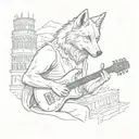 Design a tattoo featuring a wolf playing a musical instrument in front of a backdrop of iconic Italian landmarks, representing the client's favorite things tattoo design idea