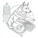 Design a tattoo featuring a wolf playing a musical instrument in front of a backdrop of iconic Italian landmarks, representing the client's favorite things tattoo design idea