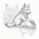 Design a tattoo featuring a wolf playing a musical instrument in front of a backdrop of iconic Italian landmarks, representing the client's favorite things tattoo design idea