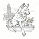 Design a tattoo featuring a wolf playing a musical instrument in front of a backdrop of iconic Italian landmarks, representing the client's favorite things tattoo design idea