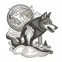 Design a tattoo of a wolf howling at the moon with a hookah pipe in its mouth, set against a scenic Italian countryside background tattoo design idea