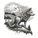 Design a tattoo of a wolf howling at the moon with a hookah pipe in its mouth, set against a scenic Italian countryside background tattoo design idea