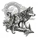 Design a tattoo of a wolf howling at the moon with a hookah pipe in its mouth, set against a scenic Italian countryside background tattoo design idea