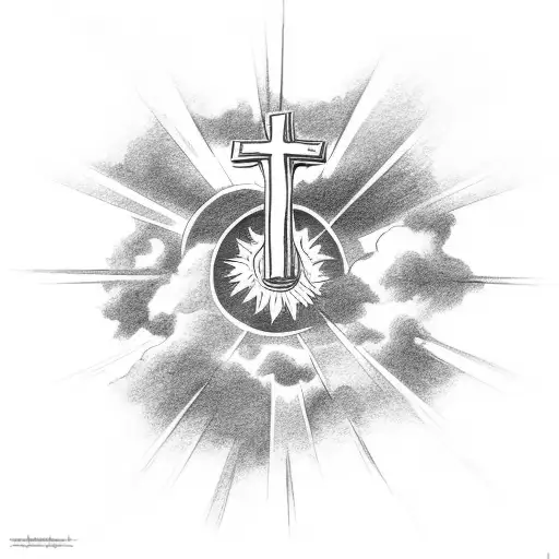 sun coming through clouds shining on a cross tattoo design idea
