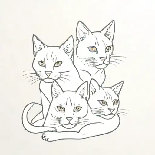 3 headed  Cerberus cat where there is 3 cat heads but 1 body, 2 bengal house cats and 1 orange cat tattoo design idea