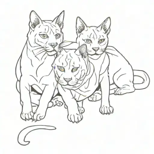 3 headed  Cerberus cat where all the cat heads share the same body 1 of the cats is a snow bengal and 1 being a brown be tattoo design idea