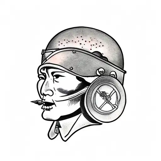 wwii gi helmet japanese warrior mask burning cigar tattoo design idea